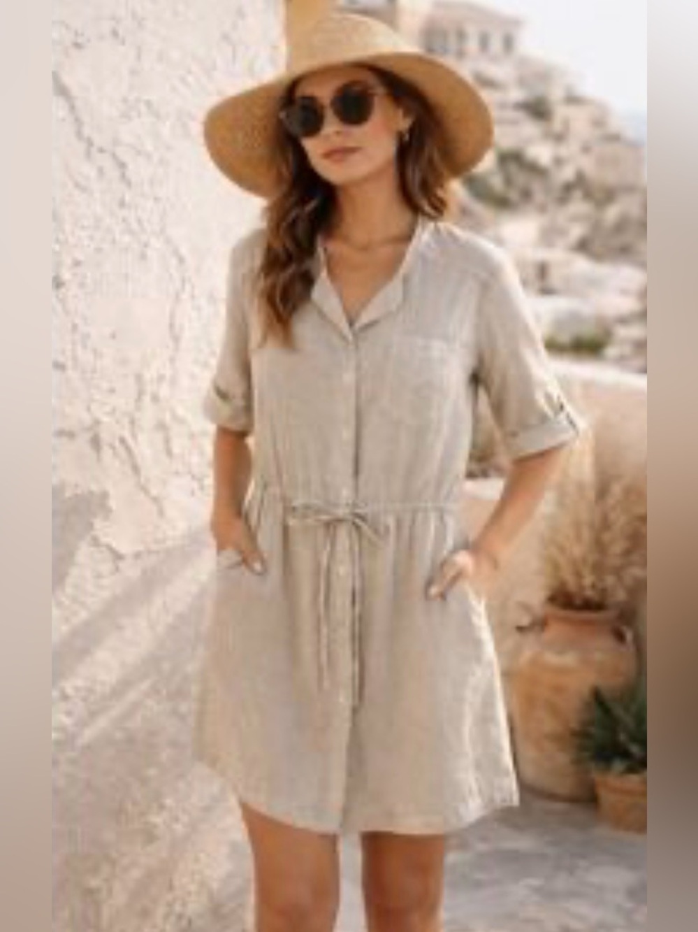 James Perse Drawstring Waist Beige Mini Shirt Dress Pockets Size 1 S Resort Chic